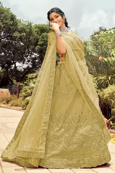 Engaging Yellow dori, zari, and resham embroidered organza semi stitched Dulhan lehenga