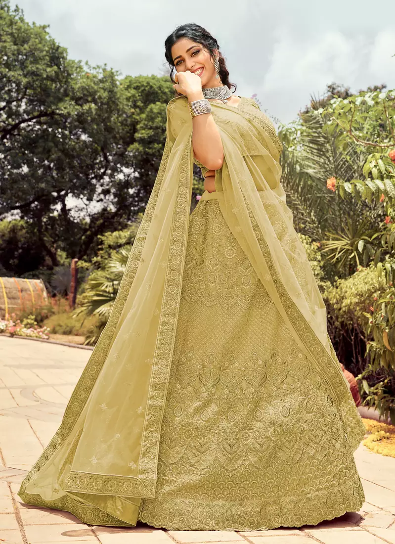 Engaging Yellow dori, zari, and resham embroidered organza semi stitched Dulhan lehenga