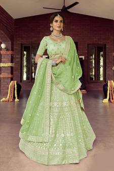 Dazzling Pale Leaf Green zarkan, gota, zari, and resham embroidered organza semi stitched Bridal lehenga