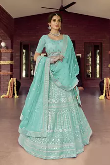 Alluring Shadow Green Blue zarkan, gota, zari, and resham embroidered organza semi stitched Dulhan lehenga