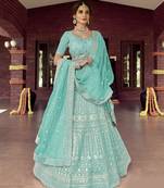 Alluring Shadow Green Blue zarkan, gota, zari, and resham embroidered organza Semi Stitched Dulhan Lehenga