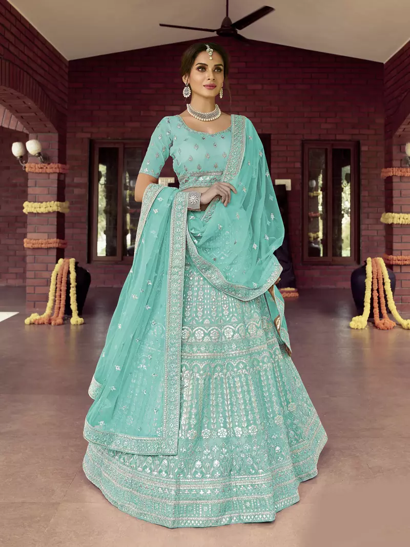 Alluring Shadow Green Blue zarkan, gota, zari, and resham embroidered organza semi stitched Dulhan lehenga