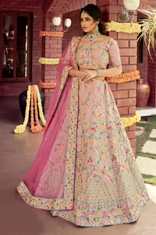 Ravishing Rose Baby-pink sequins, zarkan, and resham embroidered raw silk semi stitched Bridal lehenga