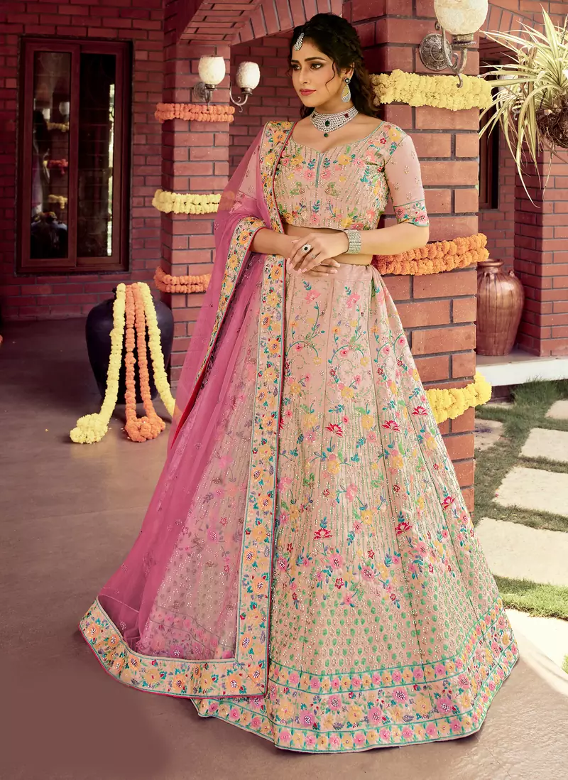 Ravishing Rose Baby-pink sequins, zarkan, and resham embroidered raw silk semi stitched Bridal lehenga