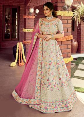 Irresistible Stark White sequins, zarkan, and resham embroidered raw Silk Semi Stitched Dulhan Lehenga 1