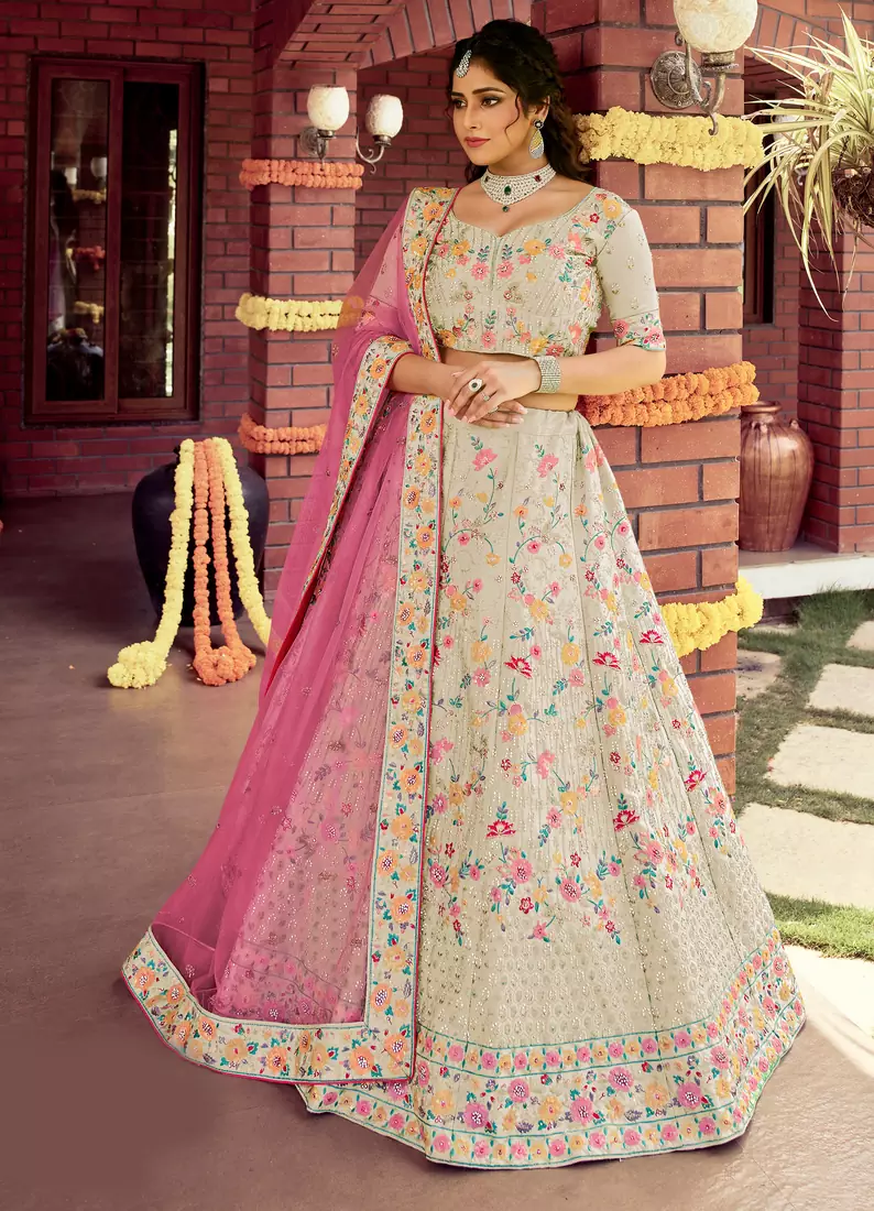 Irresistible Stark White sequins, zarkan, and resham embroidered raw silk semi stitched Dulhan lehenga