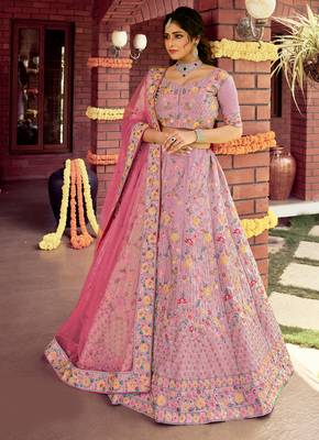Spellbinding Kobi Pink sequins, zarkan, and resham embroidered raw Silk Semi Stitched Festive Lehenga 1