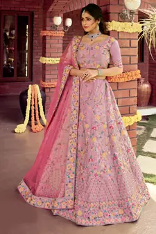 Spellbinding Kobi Pink sequins, zarkan, and resham embroidered raw silk semi stitched Festive lehenga