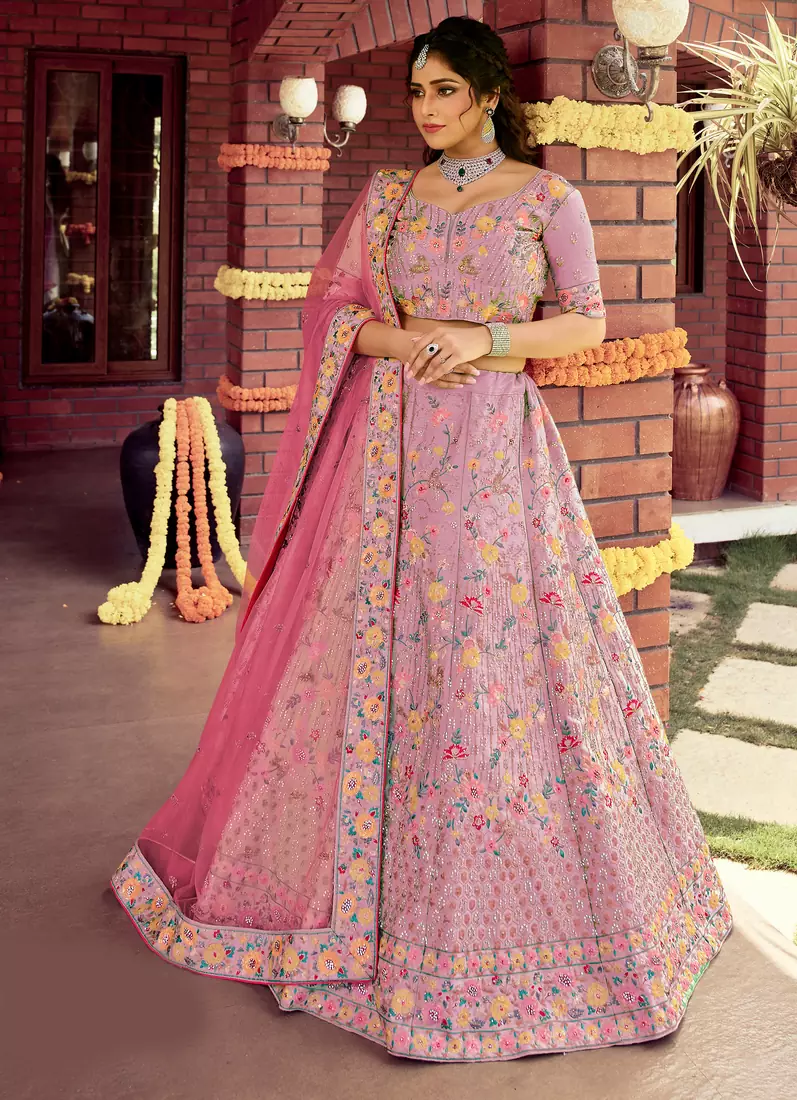Spellbinding Kobi Pink sequins, zarkan, and resham embroidered raw silk semi stitched Festive lehenga