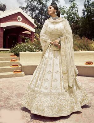 Entrancing Akaroa Off-white gota, zarkan, and resham embroidered crepe Semi Stitched Bridal Lehenga 1