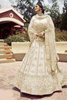 Entrancing Akaroa Off-white gota, zarkan, and resham embroidered crepe semi stitched Bridal lehenga