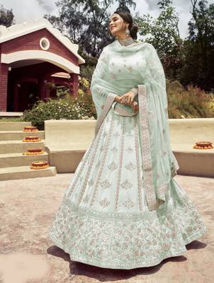 Enthralling Norway Light-green gota, zarkan, and resham embroidered crepe Semi Stitched Dulhan Lehenga 1