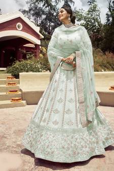 Enthralling Norway Light-green gota, zarkan, and resham embroidered crepe semi stitched Dulhan lehenga