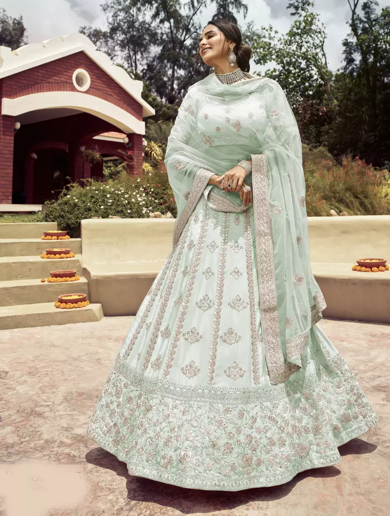 Enthralling Norway Light-green gota, zarkan, and resham embroidered crepe semi stitched Dulhan lehenga