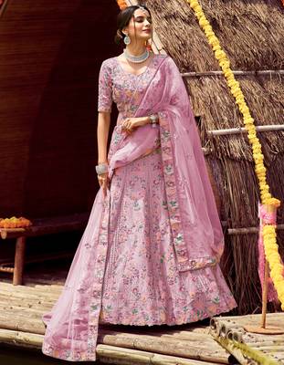 Dreamy Puce Pink swarovski, zarkan, zari, and resham embroidered satin Semi Stitched Bridal Lehenga 1