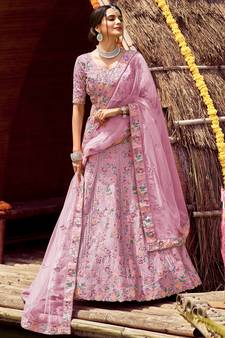 Dreamy Puce Pink swarovski, zarkan, zari, and resham embroidered satin semi stitched Bridal lehenga