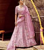 Dreamy Puce Pink swarovski, zarkan, zari, and resham embroidered satin Semi Stitched Bridal Lehenga