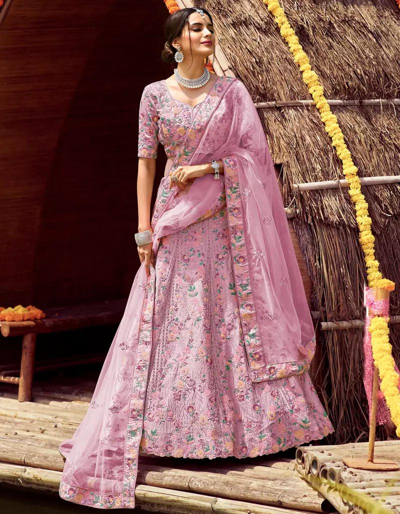 Dreamy Puce Pink swarovski, zarkan, zari, and resham embroidered satin semi stitched Bridal lehenga