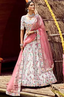 enticing Amour White swarovski, zarkan, zari, and resham embroidered satin semi stitched Dulhan lehenga