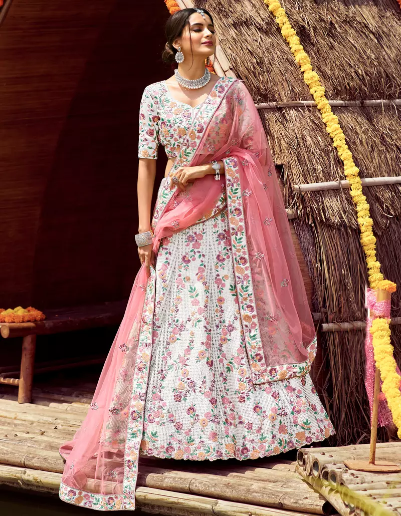 enticing Amour White swarovski, zarkan, zari, and resham embroidered satin semi stitched Dulhan lehenga