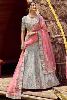 inviting Cascade Green swarovski, zarkan, zari, and resham embroidered satin semi stitched Festive lehenga