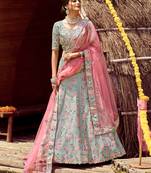inviting Cascade Green swarovski, zarkan, zari, and resham embroidered satin Semi Stitched Festive Lehenga