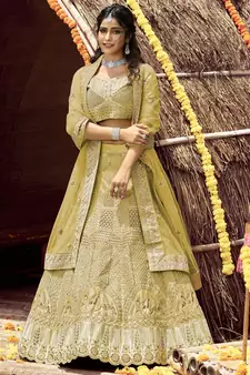 fascinating Yellow zarkan, zari, and dori embroidered velvet semi stitched Bridal lehenga