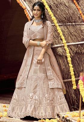 intriguing Beige zarkan, zari, and dori embroidered velvet Semi Stitched Dulhan Lehenga 1