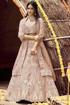 intriguing Beige zarkan, zari, and dori embroidered velvet semi stitched Dulhan lehenga