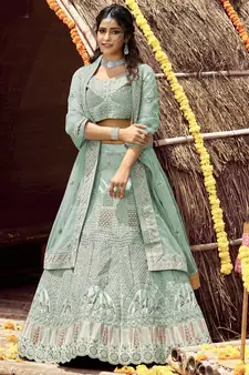 appetizing Light-green zarkan, zari, and dori embroidered velvet semi stitched Festive lehenga