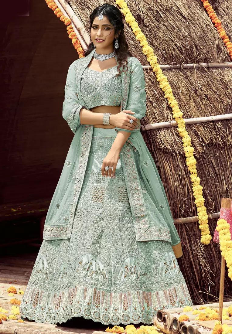 appetizing Light-green zarkan, zari, and dori embroidered velvet semi stitched Festive lehenga