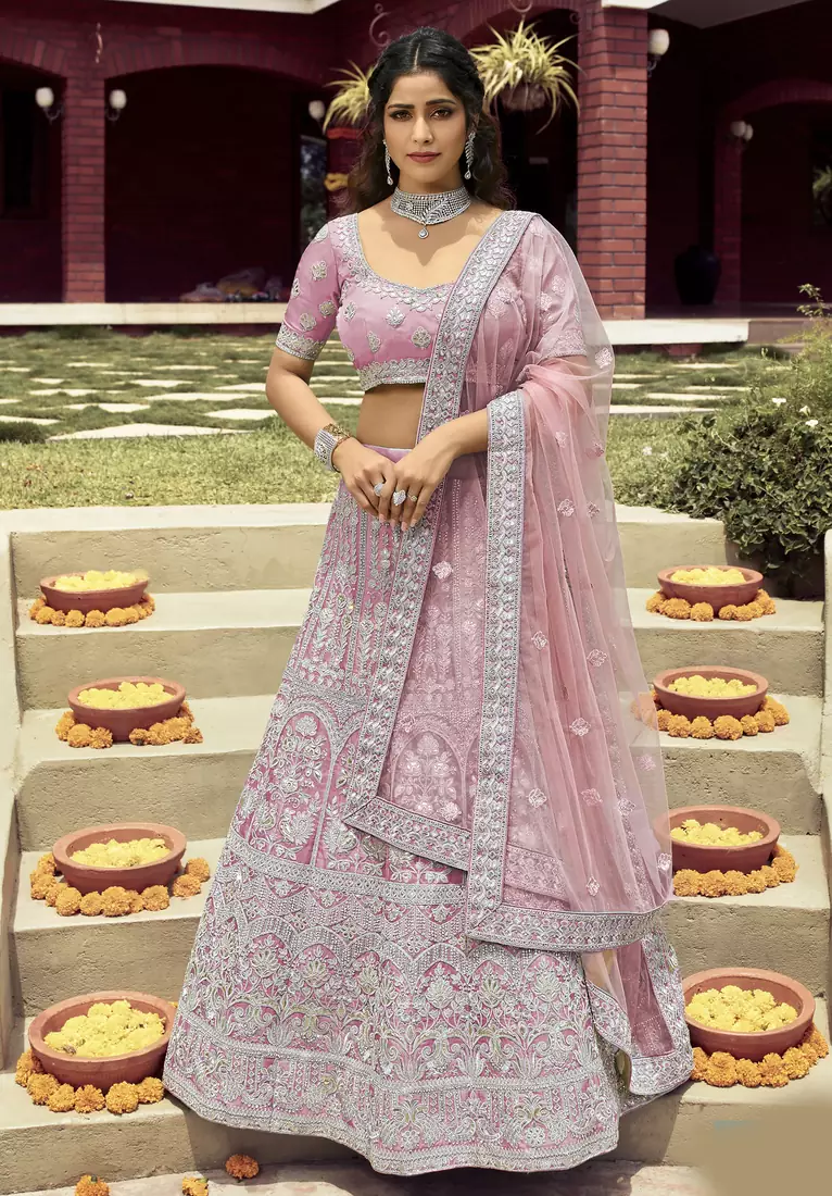 provocative Light-purple zarkan, gota, and dori embroidered organza semi stitched Bridal lehenga