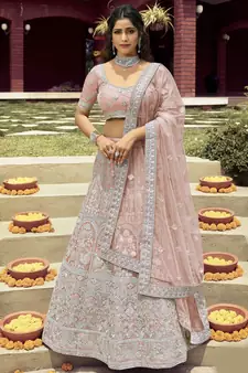 winning Light-peach zarkan, gota, and dori embroidered organza semi stitched Dulhan lehenga