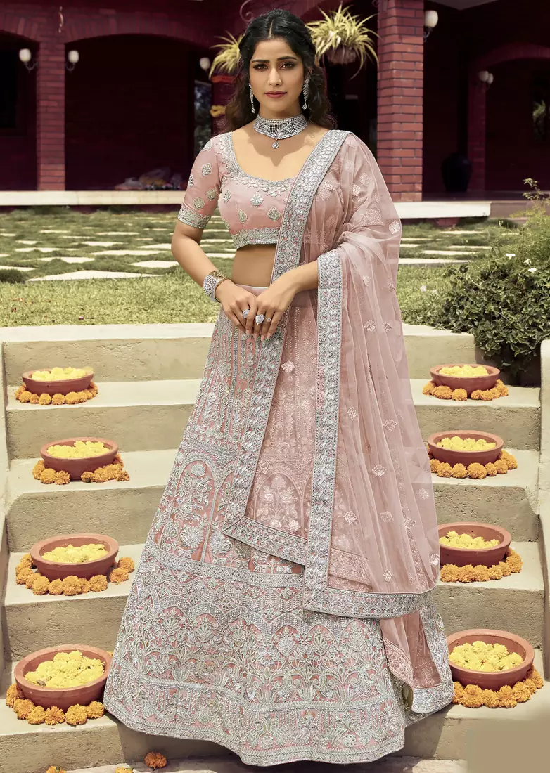 winning Light-peach zarkan, gota, and dori embroidered organza semi stitched Dulhan lehenga