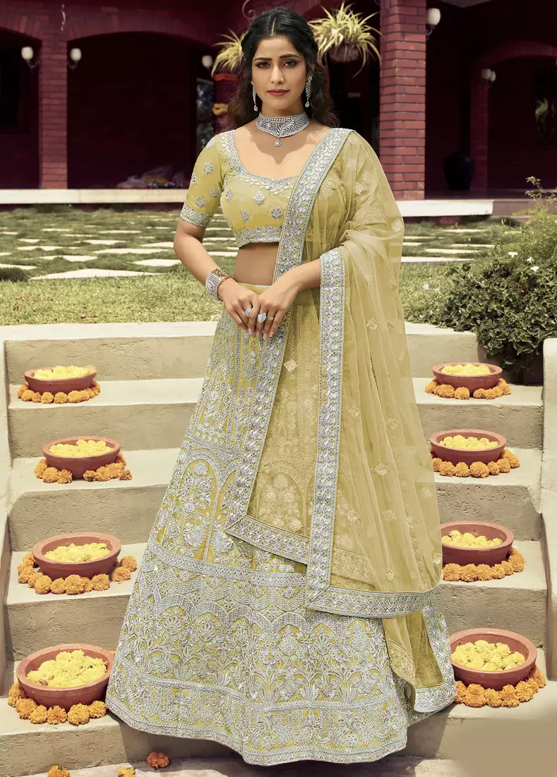 pleasing Light-yellow zarkan, gota, and dori embroidered organza semi stitched Festive lehenga