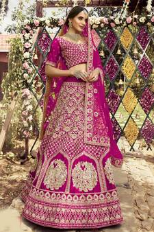 pleasant Rani-pink zarkan, dori, and zari embroidered raw silk semi stitched Bridal lehenga