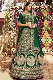 agreeable Green zarkan, dori, and zari embroidered raw silk semi stitched Dulhan lehenga