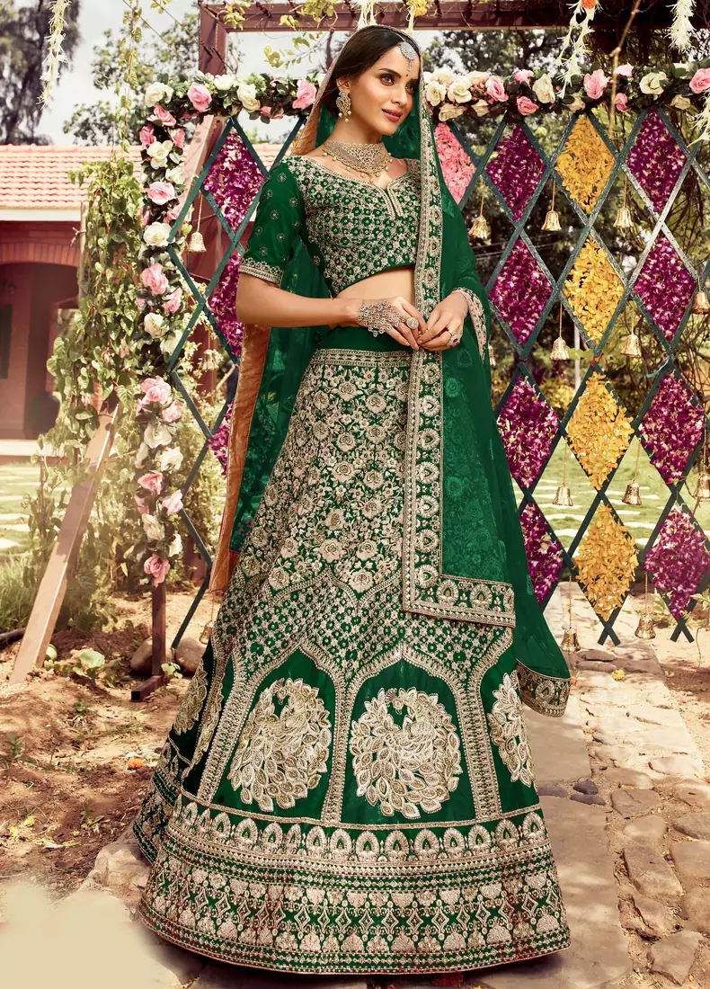 agreeable Green zarkan, dori, and zari embroidered raw silk semi stitched Dulhan lehenga