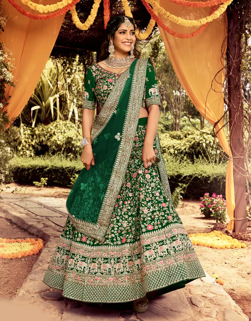 endearing Green beads, zari, and resham embroidered raw silk semi stitched Dulhan lehenga
