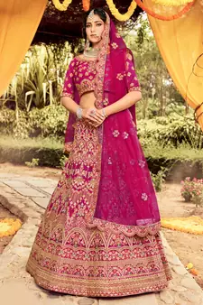 lovely Rani-pink dori, zarkan, and resham embroidered raw silk semi stitched Bridal lehenga