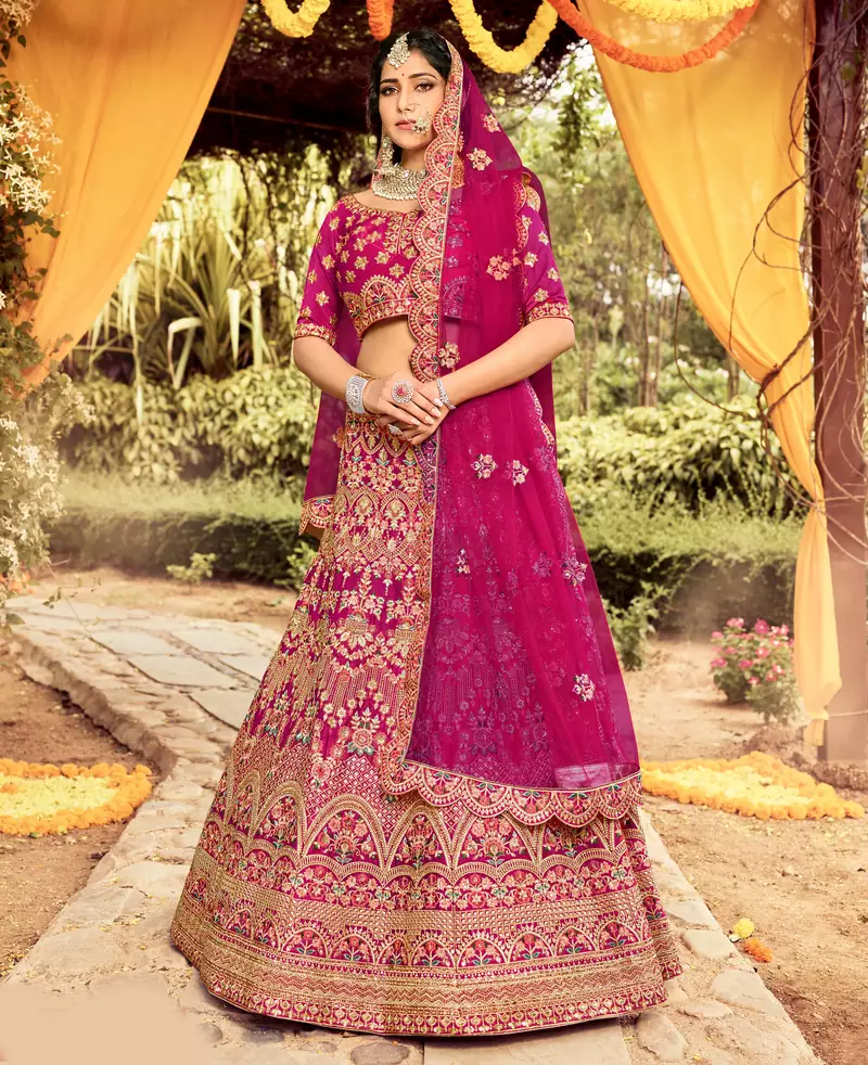 lovely Rani-pink dori, zarkan, and resham embroidered raw silk semi stitched Bridal lehenga