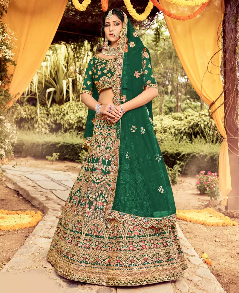 lovable Green dori, zarkan, and resham embroidered raw silk semi stitched Dulhan lehenga