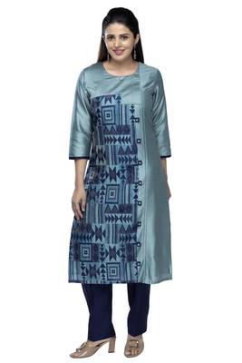 Dark-aqua-blue printed viscose long-kurtis 1