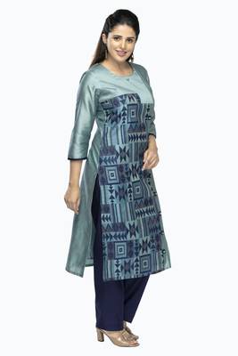 Dark-aqua-blue printed viscose long-kurtis 2