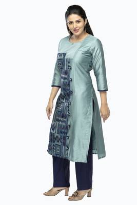 Dark-aqua-blue printed viscose long-kurtis 3