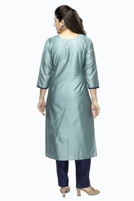 Dark-aqua-blue printed viscose long-kurtis 4
