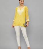 Ethnava Women's Chikankari Hand Embroidered Georgette Short Kurta With Slip