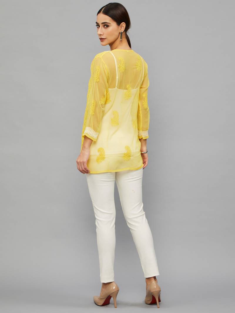 Ethnava Women's Chikankari Hand Embroidered Georgette Short Kurta With Slip