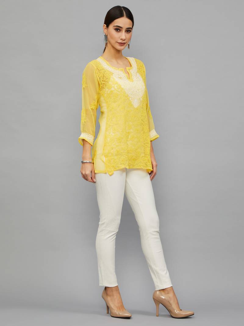 Ethnava Women's Chikankari Hand Embroidered Georgette Short Kurta With Slip