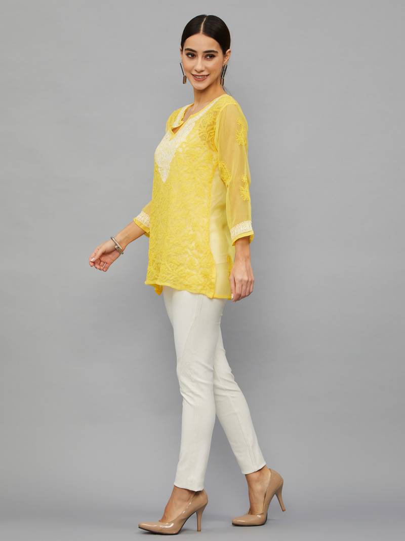 Ethnava Women's Chikankari Hand Embroidered Georgette Short Kurta With Slip